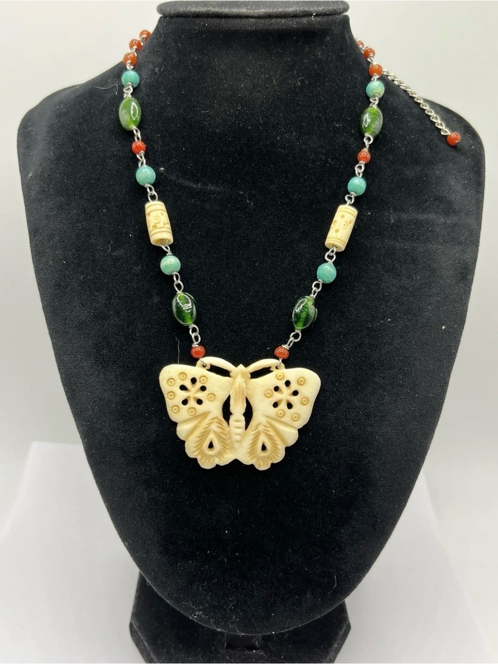 Vintage Butterfly Resin Multicolor Glass Beaded Necklace Silver Tone